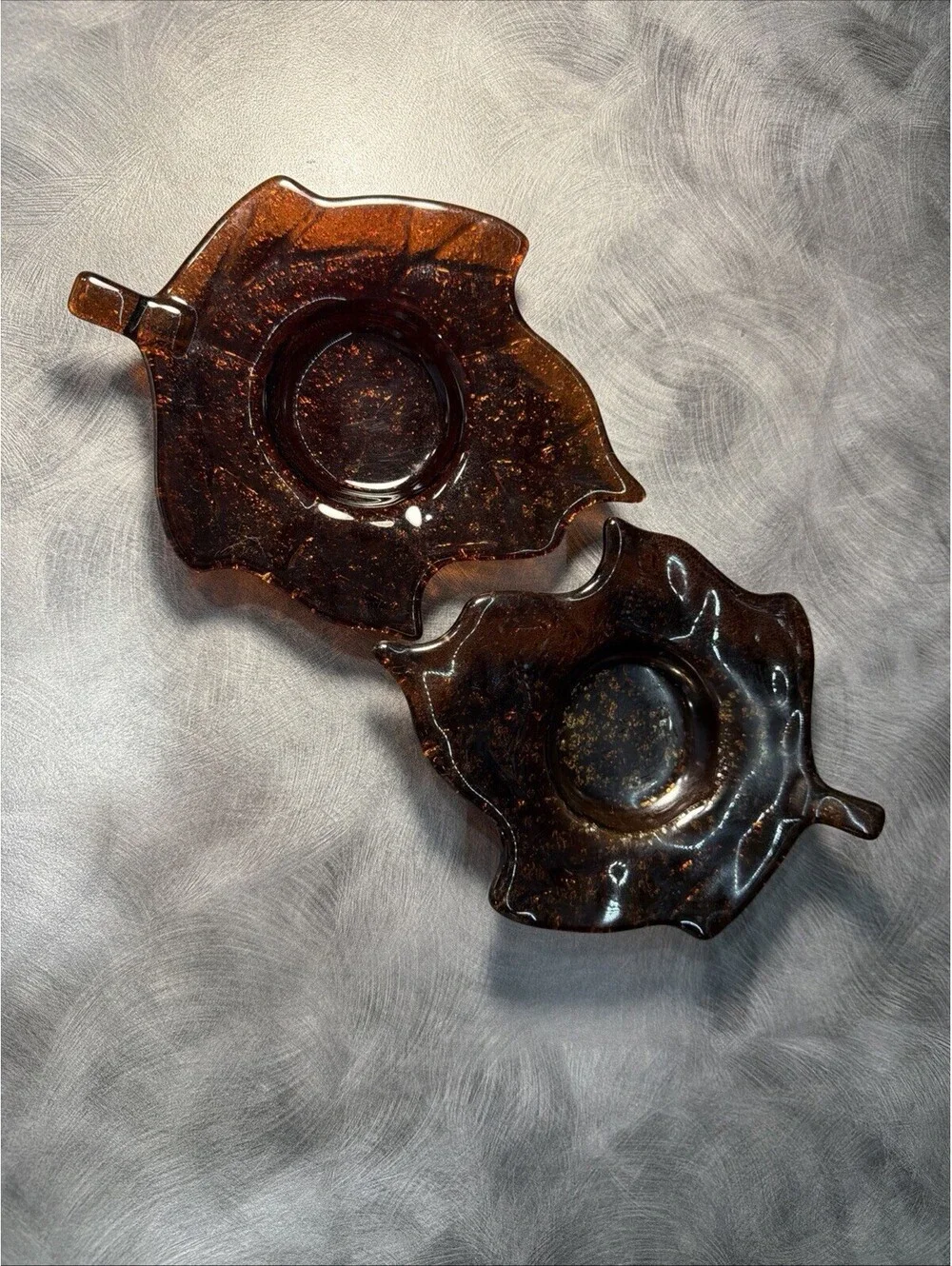 Maple Leaf Tea Light Holders Colored Glass Molded Bottoms Set/2 Fall Decor